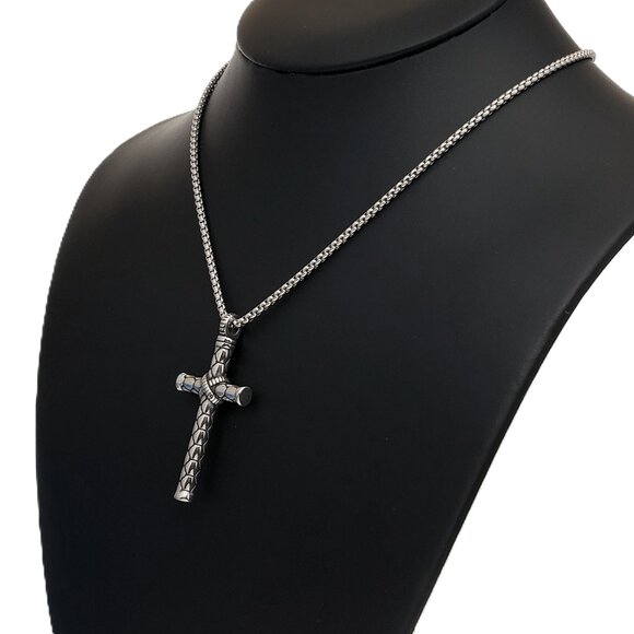 24" Mens 14K White Gold Large Cross Pendant Necklace Silver Bike Chain Jewelry - Picture 6 of 9